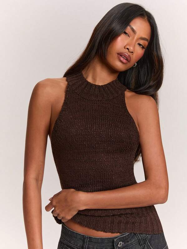 SHEIN BAE Women's Solid Color Sleeveless Round Neck Fitted Minimalist Vintage Sweater