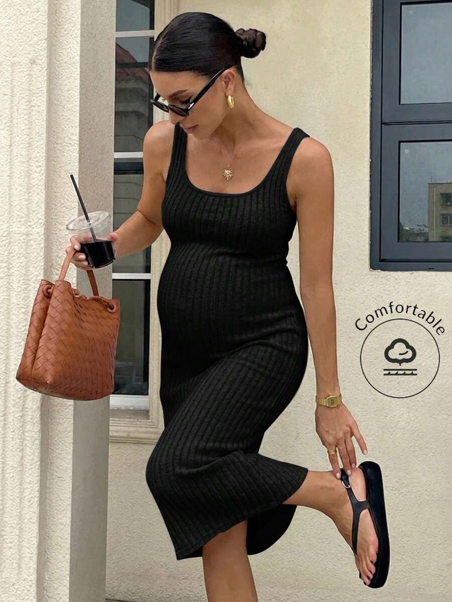 SHEIN Vestido casual ajustado sin mangas de unicolor con textura acanalada para maternidad - Negro - Ver 1