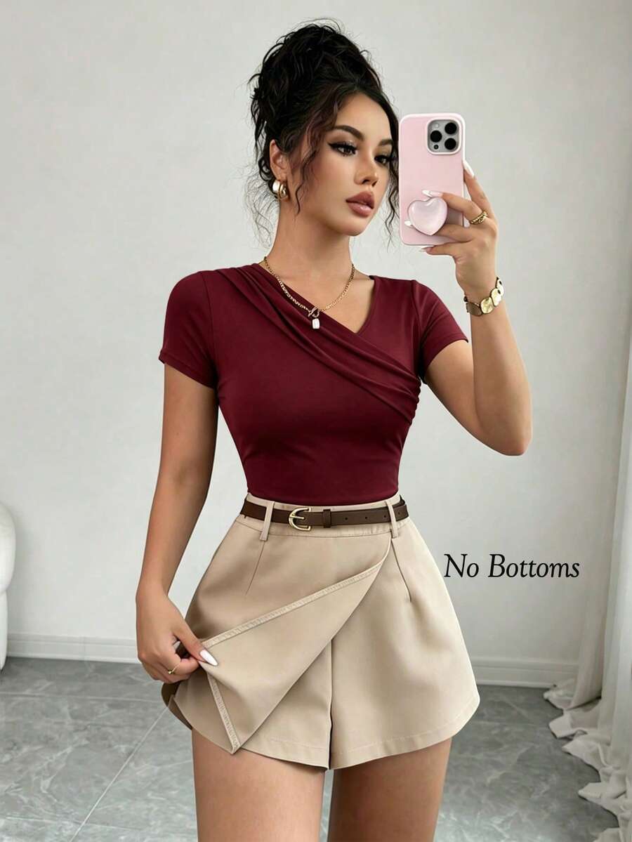 SHEIN Raffinéa 女款時尚短袖層次領口休閒通勤T恤