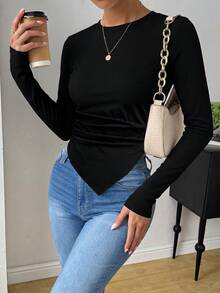 SHEIN Raffinéa Women's Solid Color Round Neck Long Sleeve Asymmetric Hem T-Shirt - Black - View 5