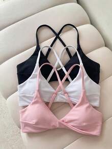SHEIN Swim Atasan Bikini 3 Potong Wanita Warna Polos dengan Tali Bahu Tipis dan Desain Silang Terpilin untuk Musim Semi/Panas - MultiWarna - View 2