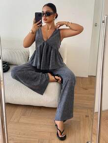 Dazy Plus Blogger Style Casual 2-Piece Set, V-Neck Sleeveless Crop Top And Elastic Waist Loose Long Pants, Plus Size Women Spring/Summer - Dark Grey - View 2