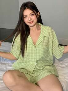 Dazy Plus Plus Size Women Plaid Ruched Texture Loose Top And Shorts Pajama Set, Cute Summer Sleepwear - Mint Green - View 6