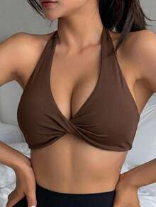 DAZY Solid Color Halter Neck Twist Front Slight Push-Up Women's Sports Bra - Brown - View 1