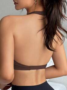 DAZY Solid Color Halter Neck Twist Front Slight Push-Up Women's Sports Bra - Brown - View 8