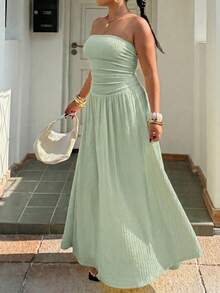 Muchica Vestido de Talla Grande sin Tirantes sin Mangas con Pliegues en Línea A - verde menta - Ver 4
