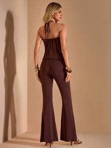 Bluhae Dark Brown Hollow Out Halter Jumpsuit, Slim Fit Flare Leg Pants, Sexy Elegant Romper Night Out Party Vacation Summer - Brown - View 2