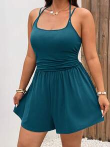 Sunnyshic Casual Elegant Lace-Up Strap Versatile Minimalist French Style Sleeveless Shorts Skirt Romper Summer Black Plus Size Women's Jumpsuit - Teal Blue - View 5