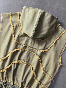ROMWE MEN Atasan Denim Berkerudung Tanpa Lengan dengan Desain Berumbai, Resleting, dan Hem Elastis untuk Pria, Gaya Streetwear - Jahe - View 6