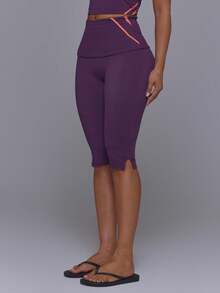 Musera Sport Sport Purple Thick Foldover Waistband Stripe Detail Fitted Split Hem Cropped Capri Active Legging - Purple - View 4
