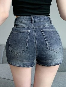 Dazy Tall 女款性感休閒超短牛仔短褲，適合夏季，高個女性 - 中等水洗藍 - 查看 5