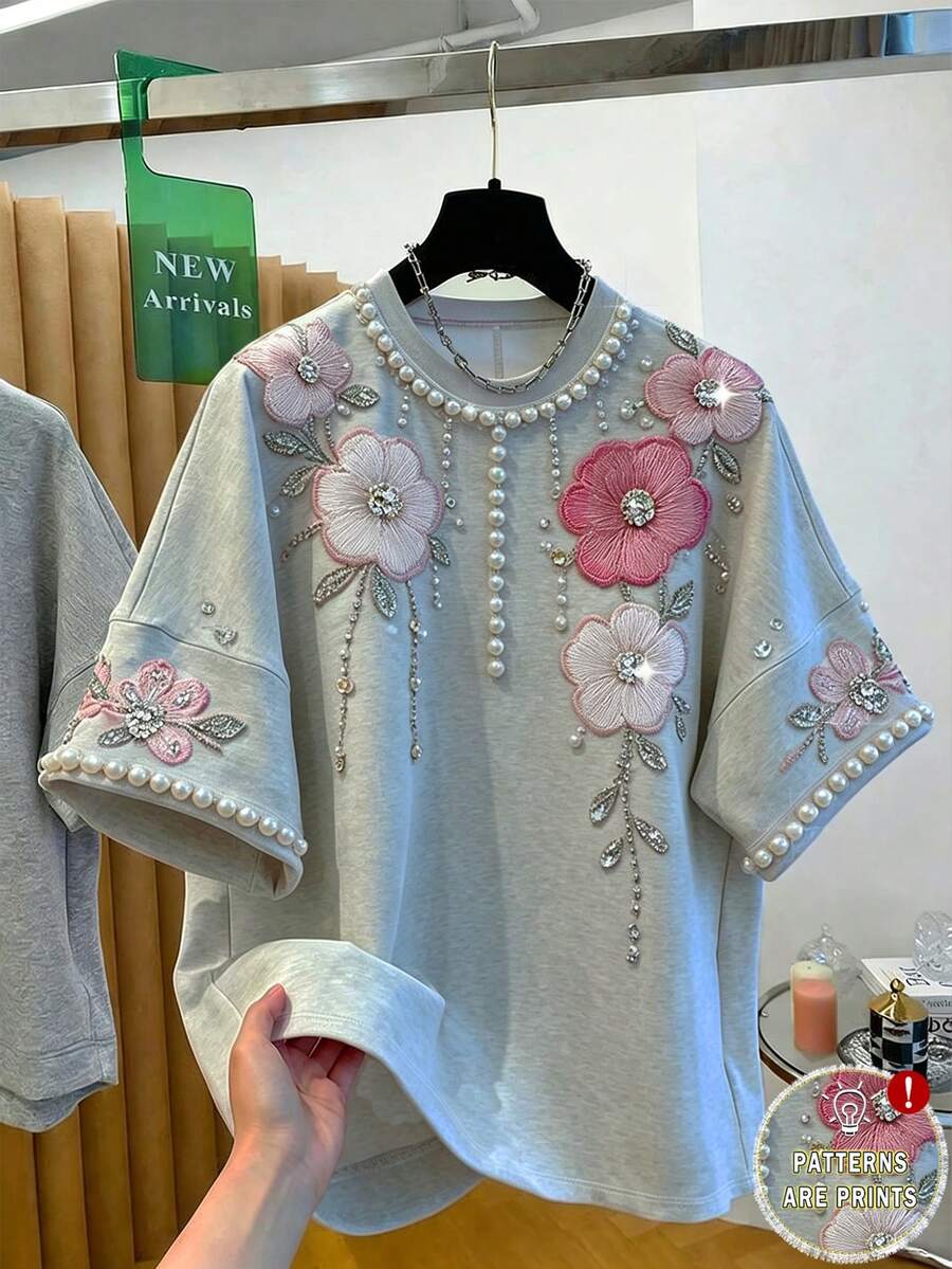 GlowEve 女士花卉珍珠装饰圆领短袖T恤 - 灰色 - 查看 1