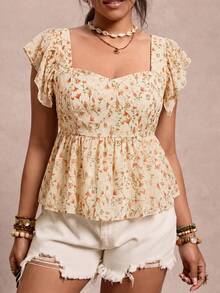 SHEIN VCAY Plus Size Women's Vacation Floral Ruffle Short Sleeve Fashion Shirt Vacation Wedding Guest Beige Summer Boho - Multicolor - View 6