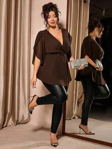 Cravure Plus Size Women's Solid Color V-Neck Casual Versatile Daily Outing Shirt - Brown - View 4