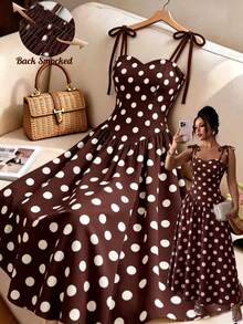 Elenzga New Elegant Polka Dot A-Line Cinched Waist Summer Dress For Ladies - Brown - View 8