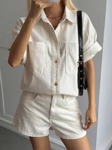 Livesso Spring Summer Loose Casual Street Style Denim Shirt Cardigan Off-White Top Valentine's Day Wedding Vacation Office Outdoor Straight Leg Jeans 2pcs - Beige - View 9