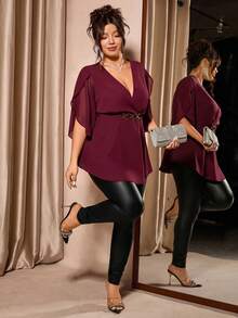 Cravure Plus Size Women's Solid Color Petal Short Sleeve Elegant Chiffon Blouse - Burgundy - View 6