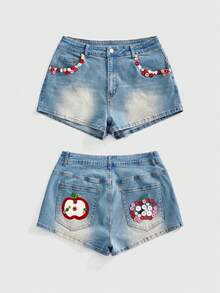 Sweetness Plus Size Vintage Kawaii Washed Casual Cute Apple Embroidery DIY Effect Versatile Stretchy Denim Shorts For Summer Teachers' Day Date Night Light Blue - Blue - View 1