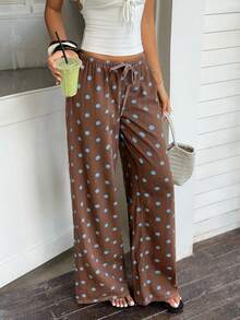 Sunnyshic Women's Polka Dot Decor Straight Leg Loose Fit Pants - Coffee Brown - View 5