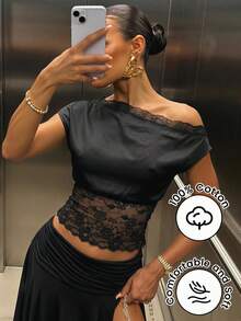 SHEIN SXY 黑色優雅蕾絲拼接單肩領口上衣 - 黑色 - 查看 8