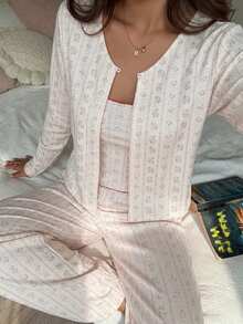 DAZY Sweet Floral 3-Piece Set Spring Outfit Pink Women's Pajama Set - Beige - View 3