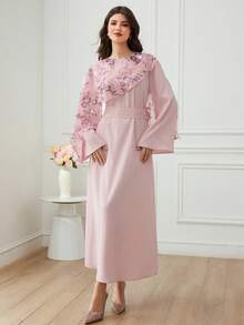 Veilorie Vestido de fiesta árabe elegante para mujer con diseño de chal, patrón floral de lentejuelas y cintura ceñida - Rosa - Ver 5