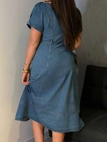 Dazy Plus Dark Wash Blue Square Neck Puff Sleeve Fitted Maxi Denim Dress, Spring/Summer - Dusty Blue - View 3