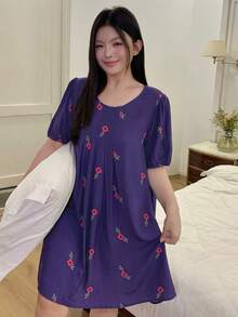 Dazy Plus 時尚葉子與花卉印花圓領 A 字版型寬鬆長款家居洋裝 優雅睡袍 夏季睡衣 - 紫羅蘭色 - 查看 2