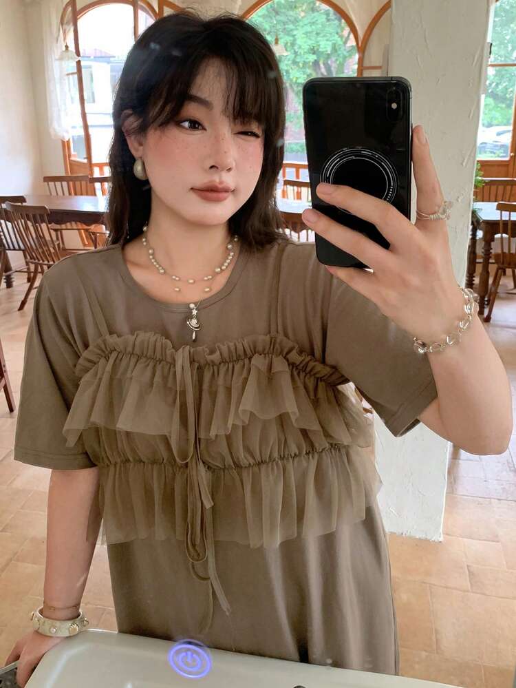 Dazy Plus Round Neck T-Shirt Dress Straight Long Skirt Casual Short Sleeve Dress Brown Outerwear Mesh Layered Plus Size Women Spring Summer 2-Piece Set