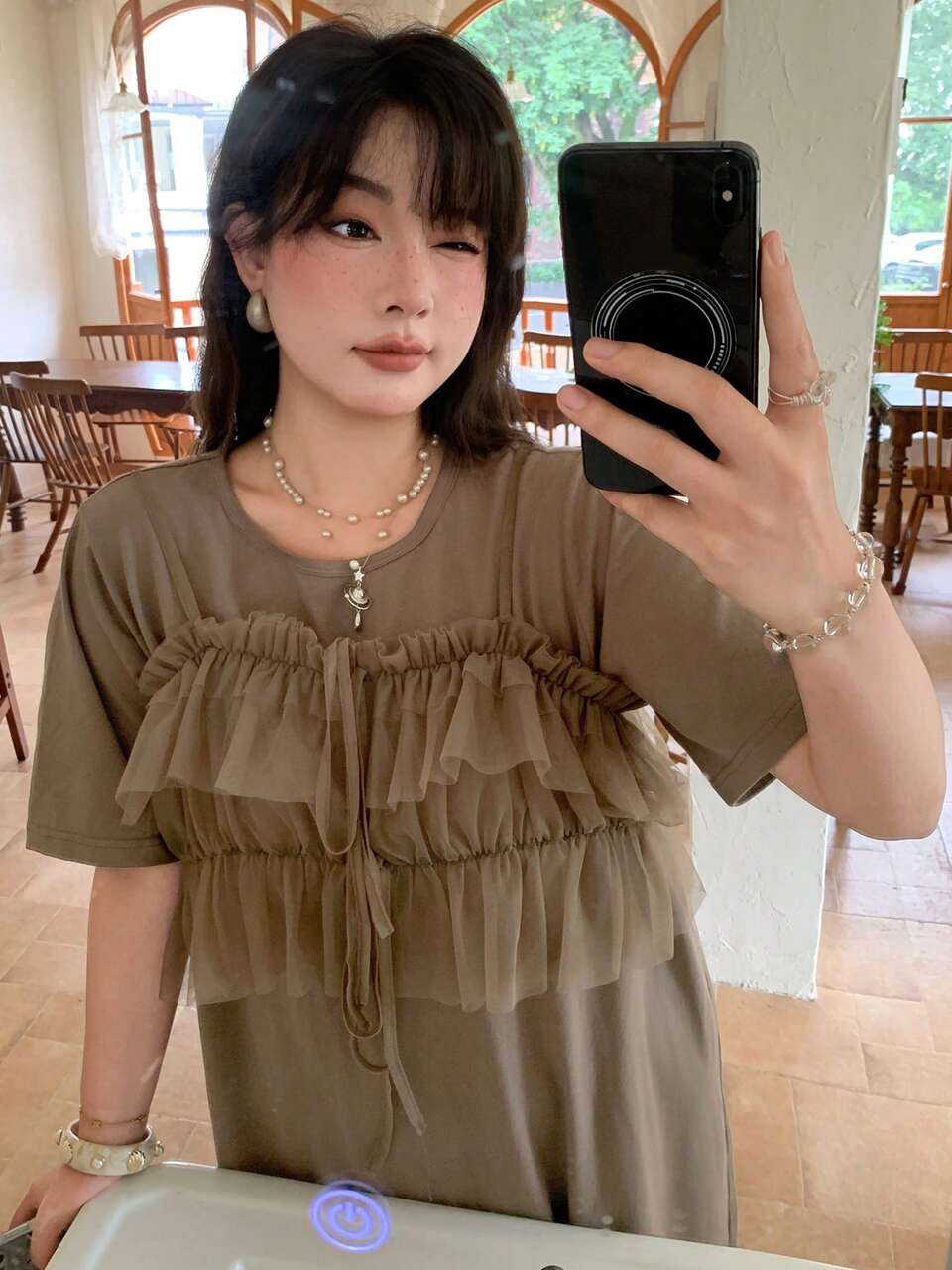 Dazy Plus Round Neck T-Shirt Dress Straight Long Skirt Casual Short Sleeve Dress Brown Outerwear Mesh Layered Plus Size Women Spring Summer 2-Piece Set