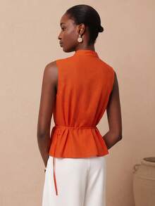 Vesra Women's Summer Lace-Up V-Neck Asymmetrical Shirt - Orange - View 2