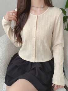 FRIFUL 女款圓領休閒寬鬆波點鈕扣開襟長袖T恤，夏季款 - 杏色 - 查看 2