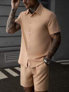 Manfinity Homme 2pcs Solid Color Textured Short Sleeve Shirt And Shorts Set Football - Orange - View 8