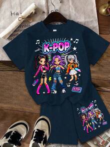 Young Girl Simple Cartoon Girl Portrait Print Short Sleeve T-Shirt And Casual Shorts 2pcs Set Suitable For Summer - Multicolor - View 4