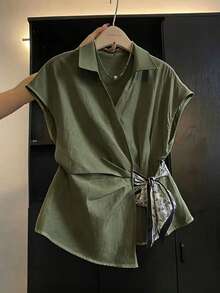 SHEIN Franclia 女款腰部打結休閒百搭日常出遊襯衫 - 軍綠色 - 查看 4