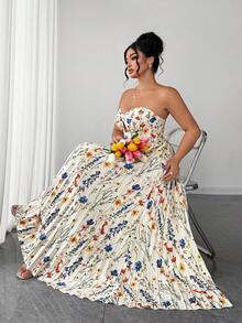 Elenzga Plus Size Women's Elegant Light Color Pleated Bustier Dress With Twisted Chest Design, Elegant Vacation & Home Wear, Slimming Long Dress For Work, Prom, Date, Party, Wedding Season, Outings - Apricot - View 1