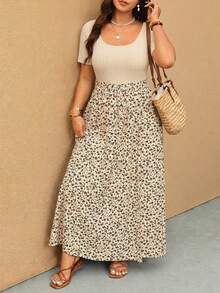 Elaquor Plus Size Women Summer Casual Patchwork Ditsy Floral High Slit Round Neck Dress - Apricot - View 5