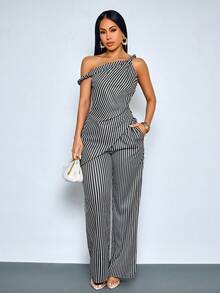SOLERSUN Women's Chic Striped Asymmetrical Shoulder Twist Asymmetrical Hem Blouse & Wide Leg Pants With Pockets For Daily & Office,Striped Asymmetrical Two Pieces Set (Random Pattern - Black and White - View 3