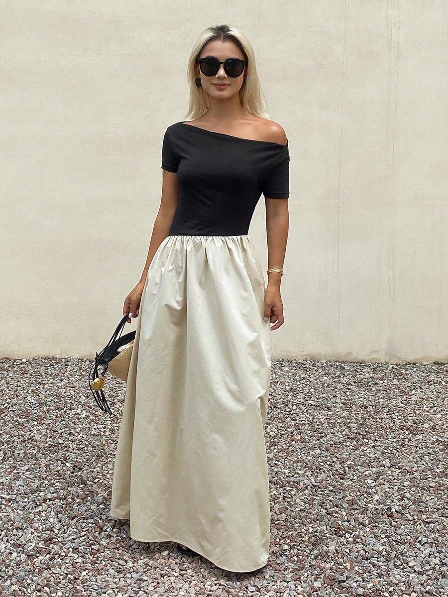 DAZY 女款單肩短袖黑白拼接時尚百搭連身裙 夏日陽光裙 - 黑色 - 查看 1