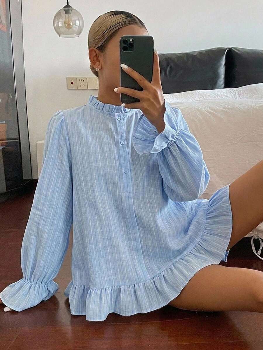 DAZY 女款條紋寬鬆長袖蕾絲休閒度假夏季襯衫上衣 - 藍色 - 查看 1