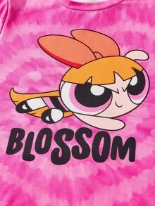 THE POWERPUFF GIRLS X SHEIN Tween Girl 3-Tone Heart & Spiral Tie-Dye Cartoon Character Graphic Knit Crew Neck T-Shirt Set - Multicolor - View 4