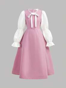 SHEIN Tween女孩優雅日常百搭舒適拼接對比色蝴蝶結領長袖洋裝，小學校服圍裙裙 - 粉色 - 查看 3