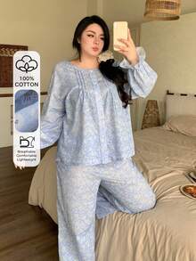 Dazy Plus 两件套可爱碎花褶皱荷叶边宽松上衣长裤睡衣套装，大码女式春夏睡衣 - 藍色 - 查看 1