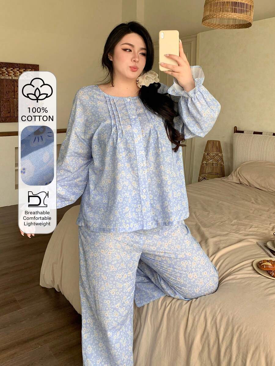 Dazy Plus 两件套可爱碎花褶皱荷叶边宽松上衣长裤睡衣套装,大码女式春夏睡衣 - 藍色 - 查看 1