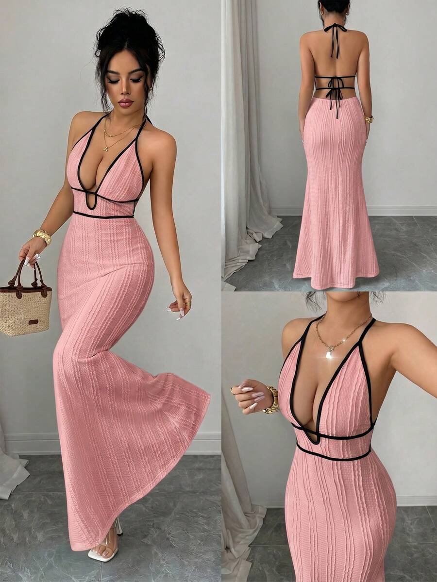 Rafferiza Women's Spring/Summer Exquisite Sexy Vacation Outing Date Outfit Textured Fitted Knit Spaghetti Strap Spaghetti Strap Black Contrast Trim Bodycon Dress - Pink - View 1