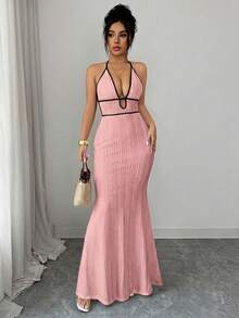 Rafferiza Women's Spring/Summer Exquisite Sexy Vacation Outing Date Outfit Textured Fitted Knit Spaghetti Strap Spaghetti Strap Black Contrast Trim Bodycon Dress - Pink - View 4
