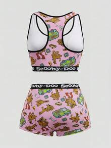 SCOOBY-DOO X SHEIN 女士圆领卡通字母印花文胸和内裤休闲可爱内衣套装 - 粉色 - 查看 2