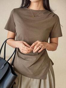 Dazy Tall Damen lockeres lässiges minimalistisches Mode Rundhals Retro Stil Polo T-Shirt, atmungsaktiv Sommer Alltag Büro Kleidung in Kaffeebraun, für große Frauen - Khaki - Übersicht 9
