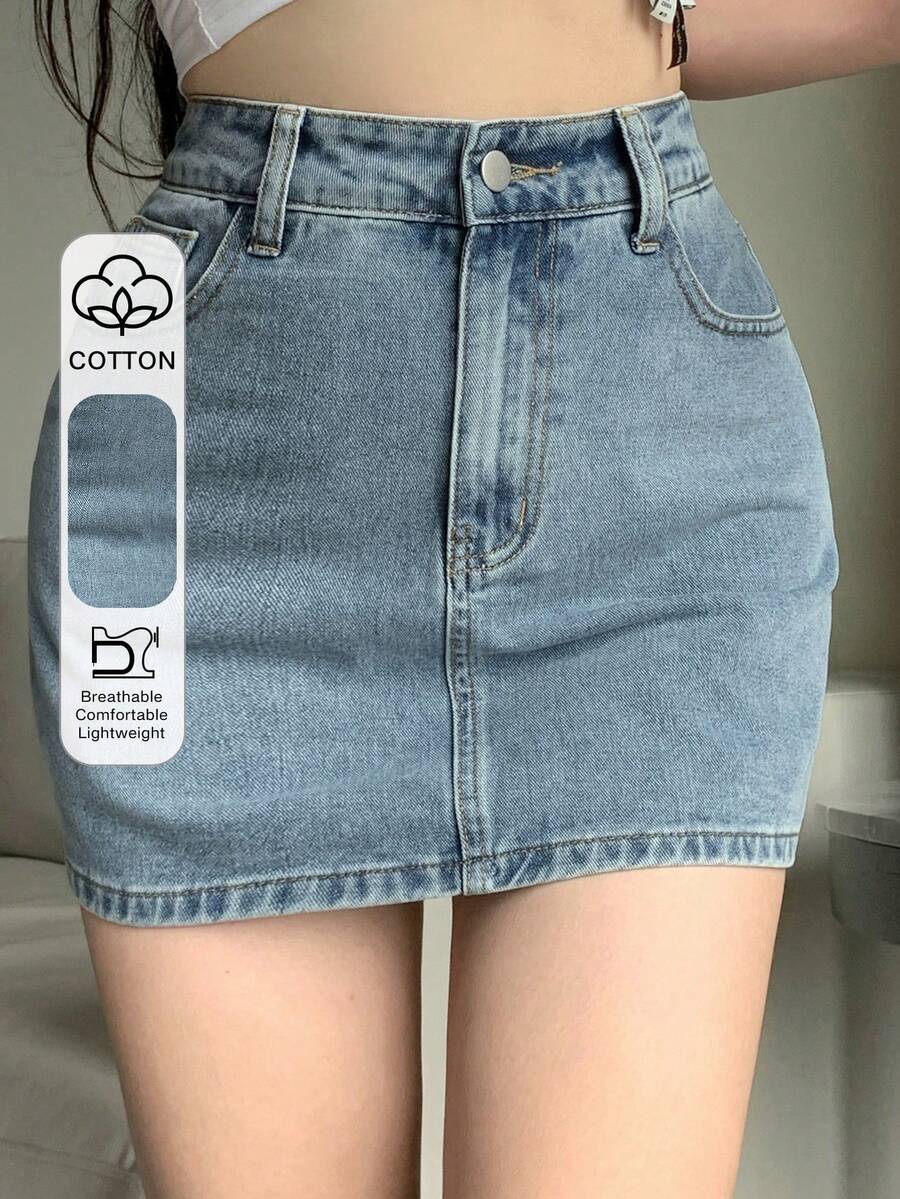 Dazy Tall 女款休閒牛仔迷你裙,附口袋與拉鍊,性感時尚夏季款,適合高個女性 - 中等水洗藍 - 查看 1