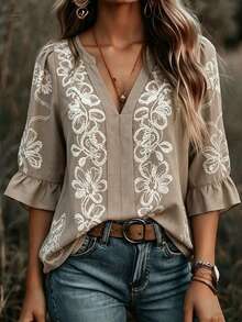 Linhara Plus Size Women's Pink V-Neck White Embroidered Floral Print Puff Sleeve Ruffle Hem Boho Flowy Blouse,Elegant Summer Vacation Vintage Casual Top - Multicolor - View 1